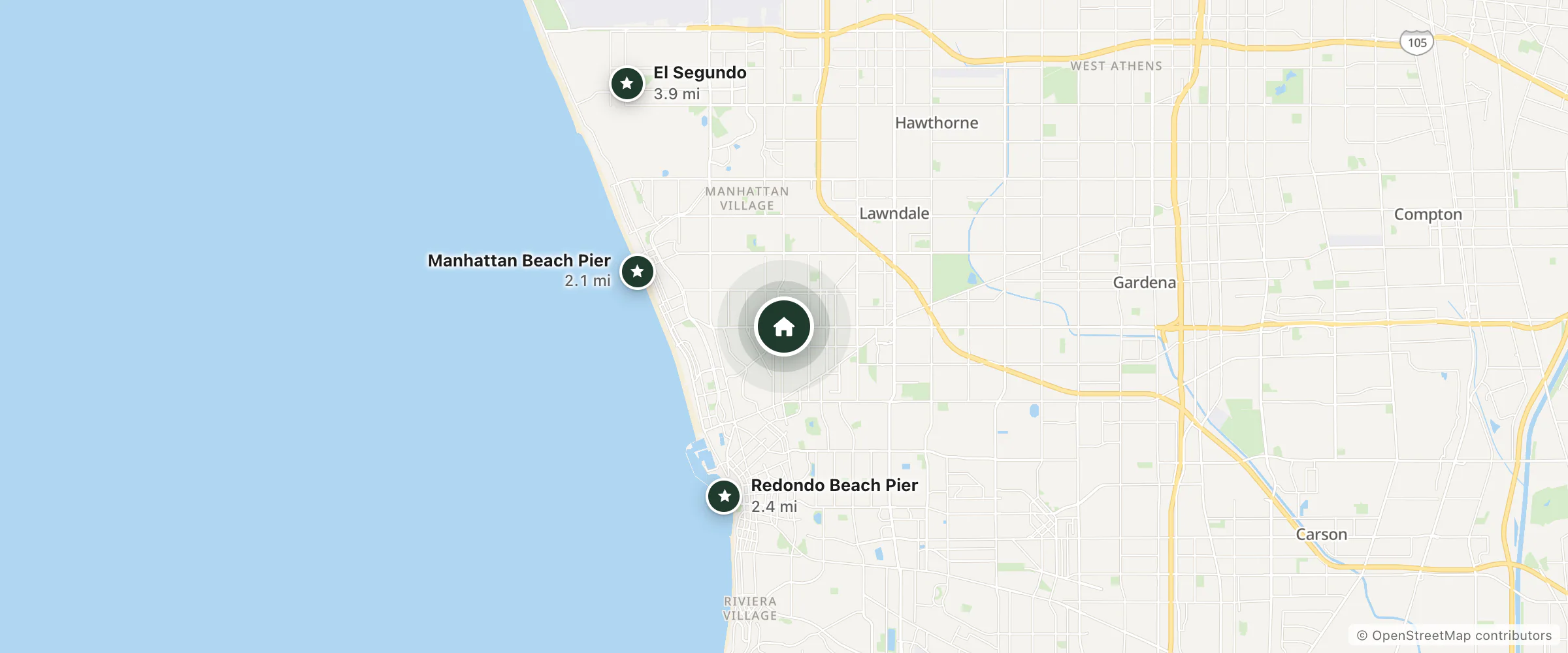 Map of Seaside Motel and nearby Manhattan Beach Pier, Redondo Beach Pier and El Segundo