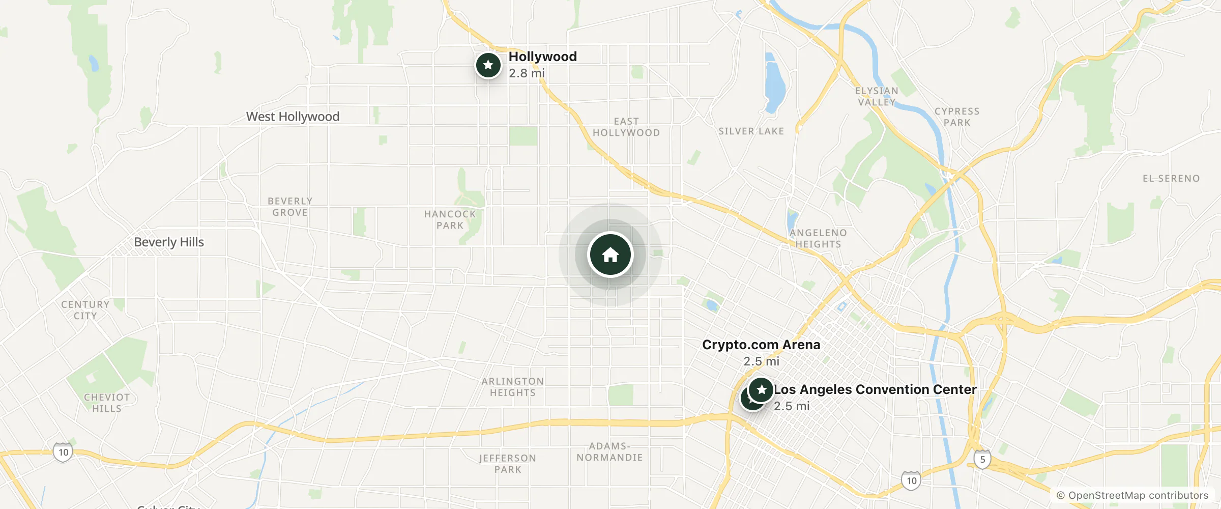 Map of Hometel and nearby Los Angeles Convention Center, Crypto.com Arena and Hollywood