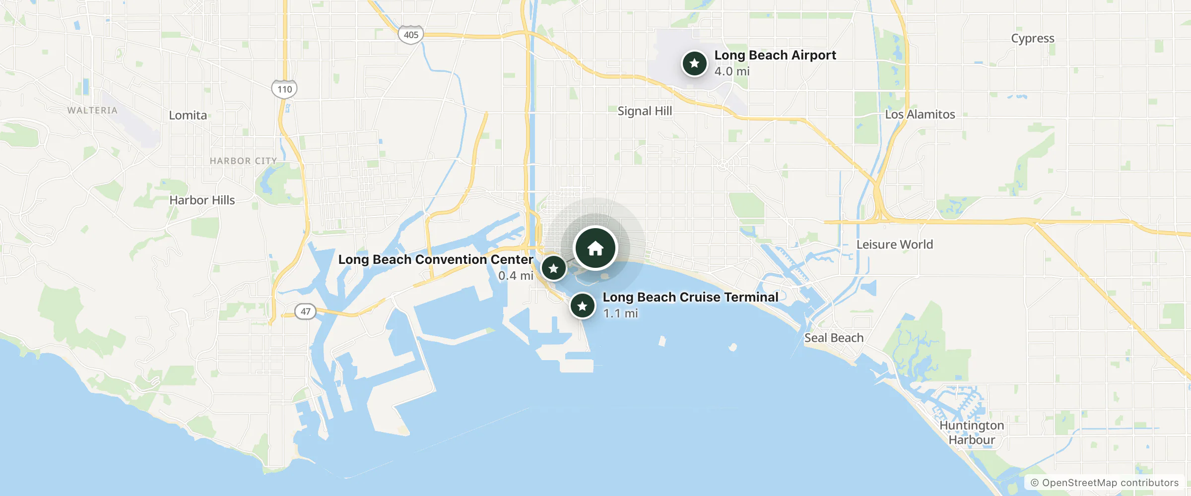 Map of Rodeway Inn and nearby Long Beach Convention Center, Long Beach Cruise Terminal and Long Beach Airport