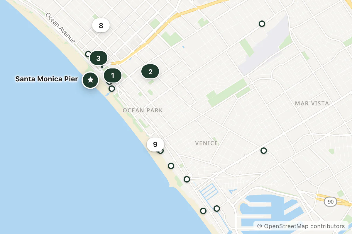 Map of the top 18 hotels for this question around Santa Monica Pier