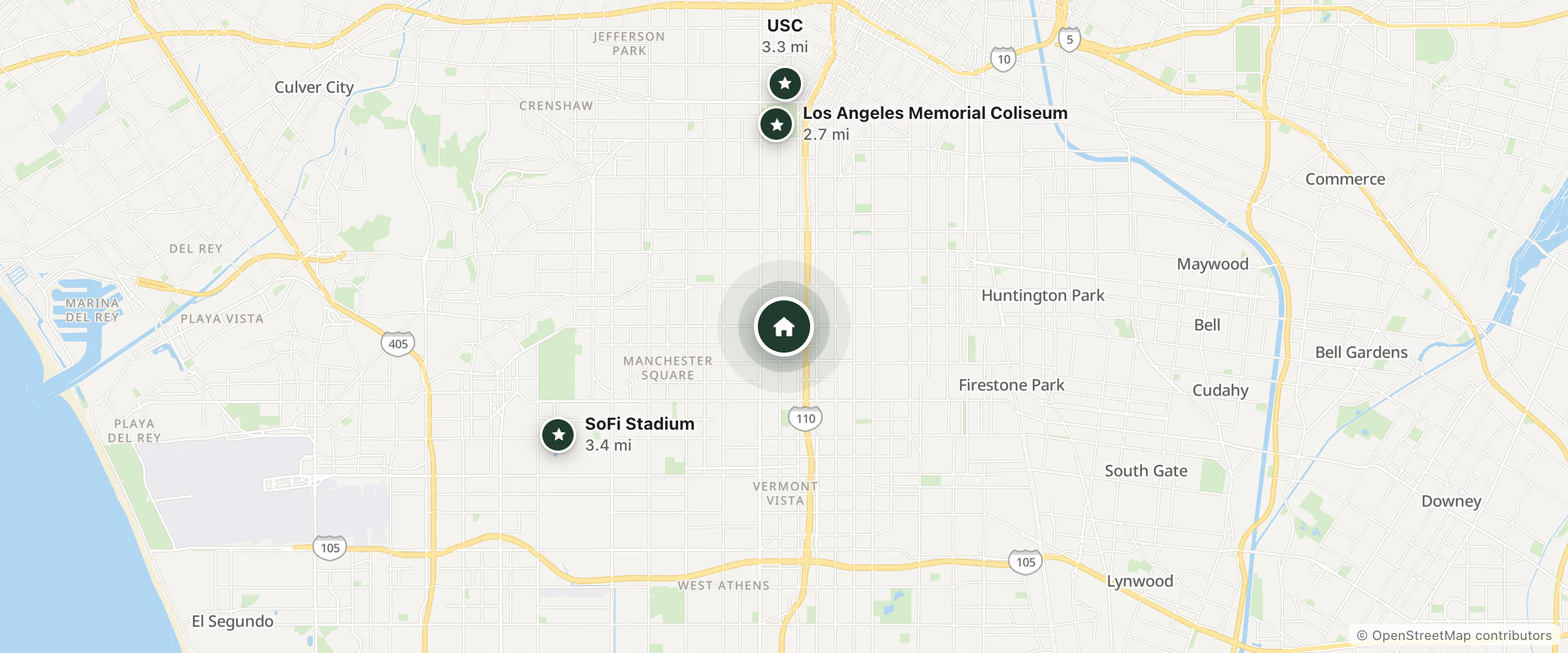 Map of One Ten Motel and nearby Los Angeles Memorial Coliseum, USC and SoFi Stadium