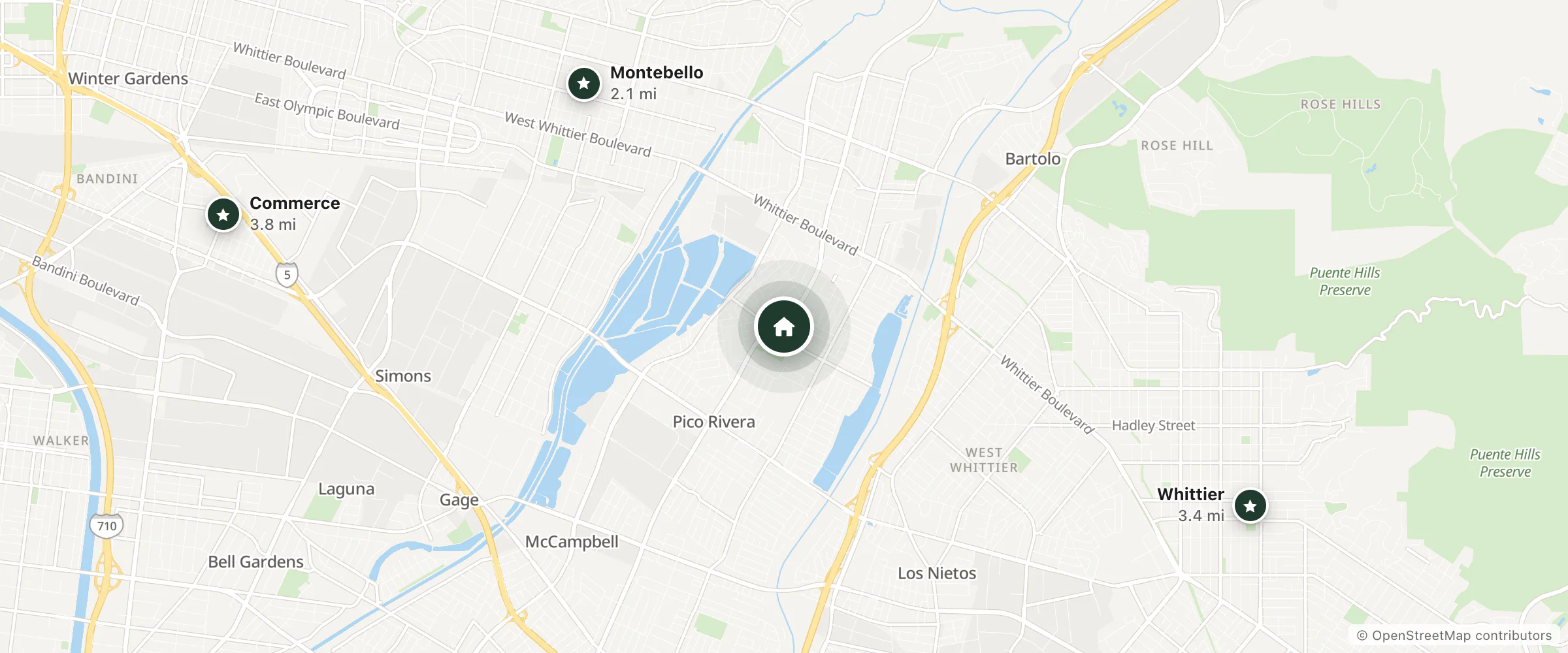 Map of Shangri-Lodge Apartment Hotel and nearby Montebello, Whittier and Commerce