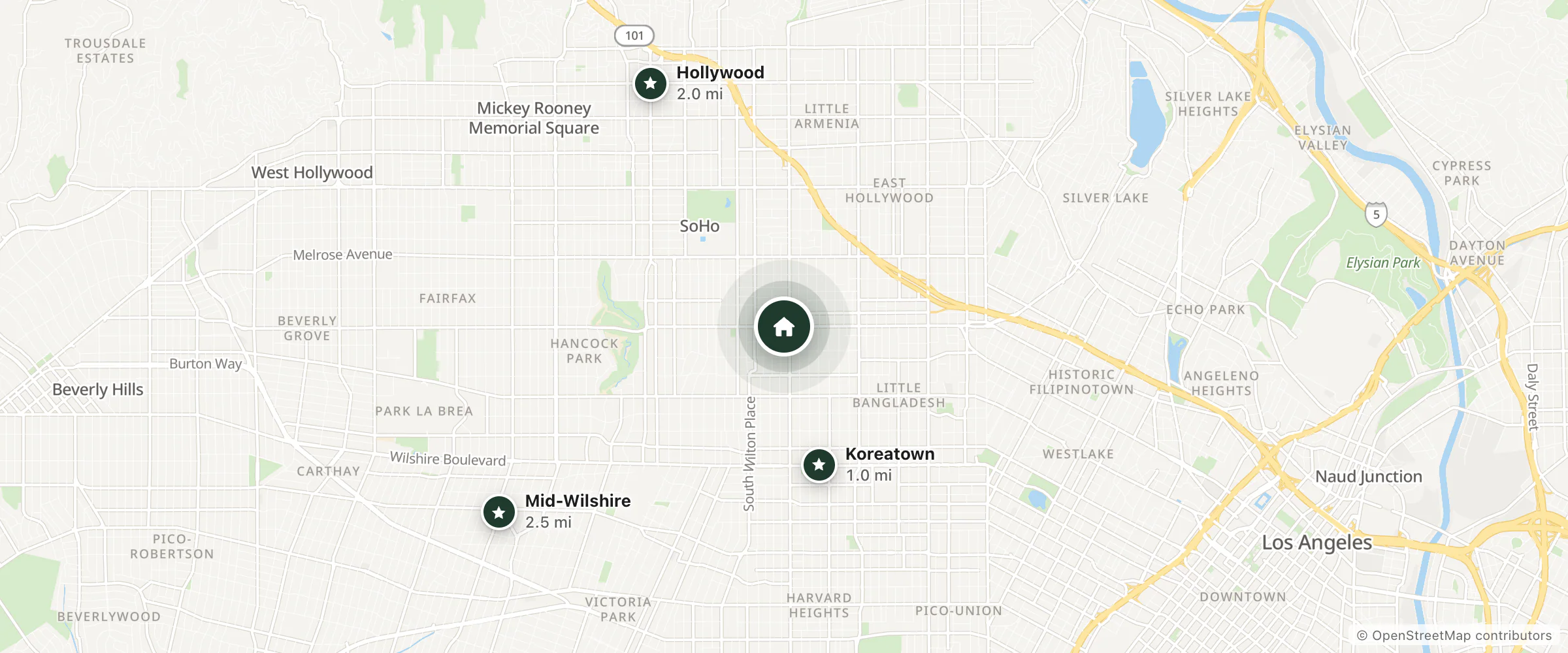 Map of Stay On Beverly and nearby Koreatown, Hollywood and Mid-Wilshire
