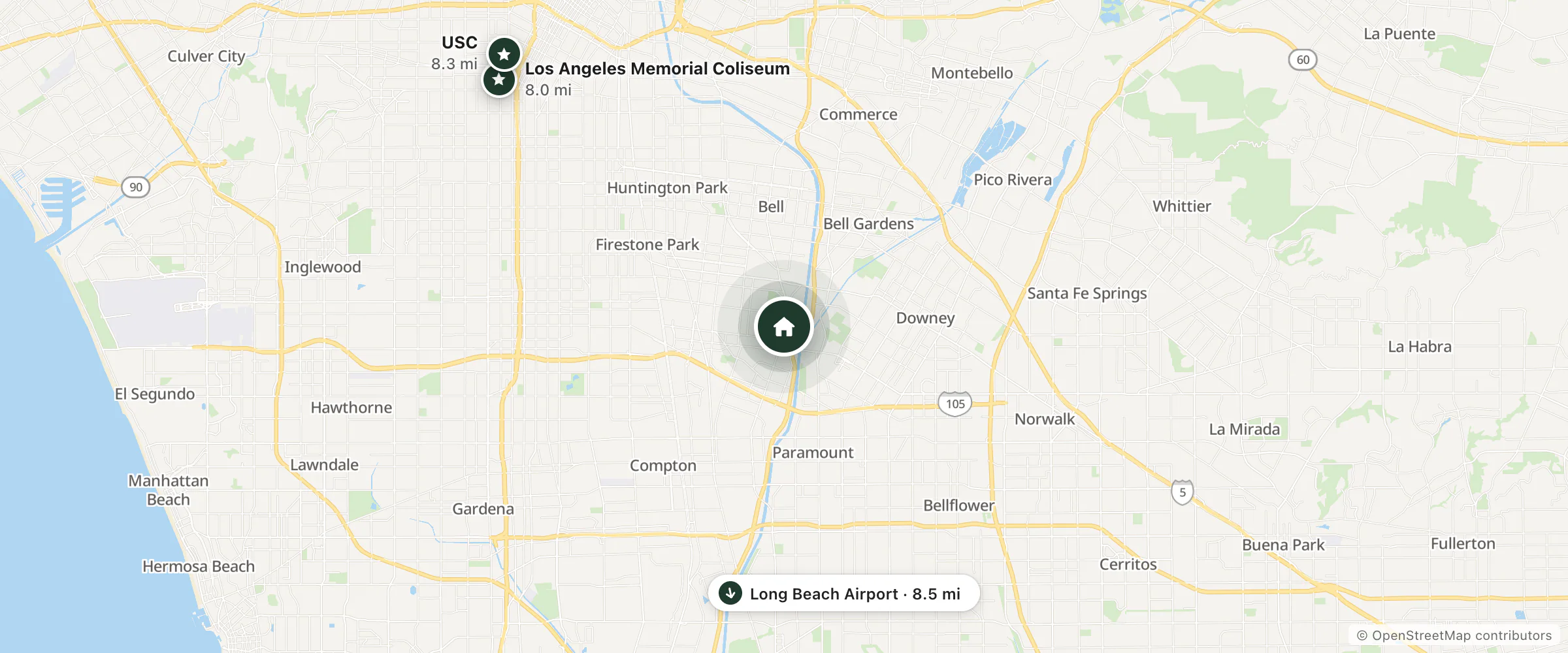 Map of Villa Luna Motel and nearby Los Angeles Memorial Coliseum, USC and Long Beach Airport