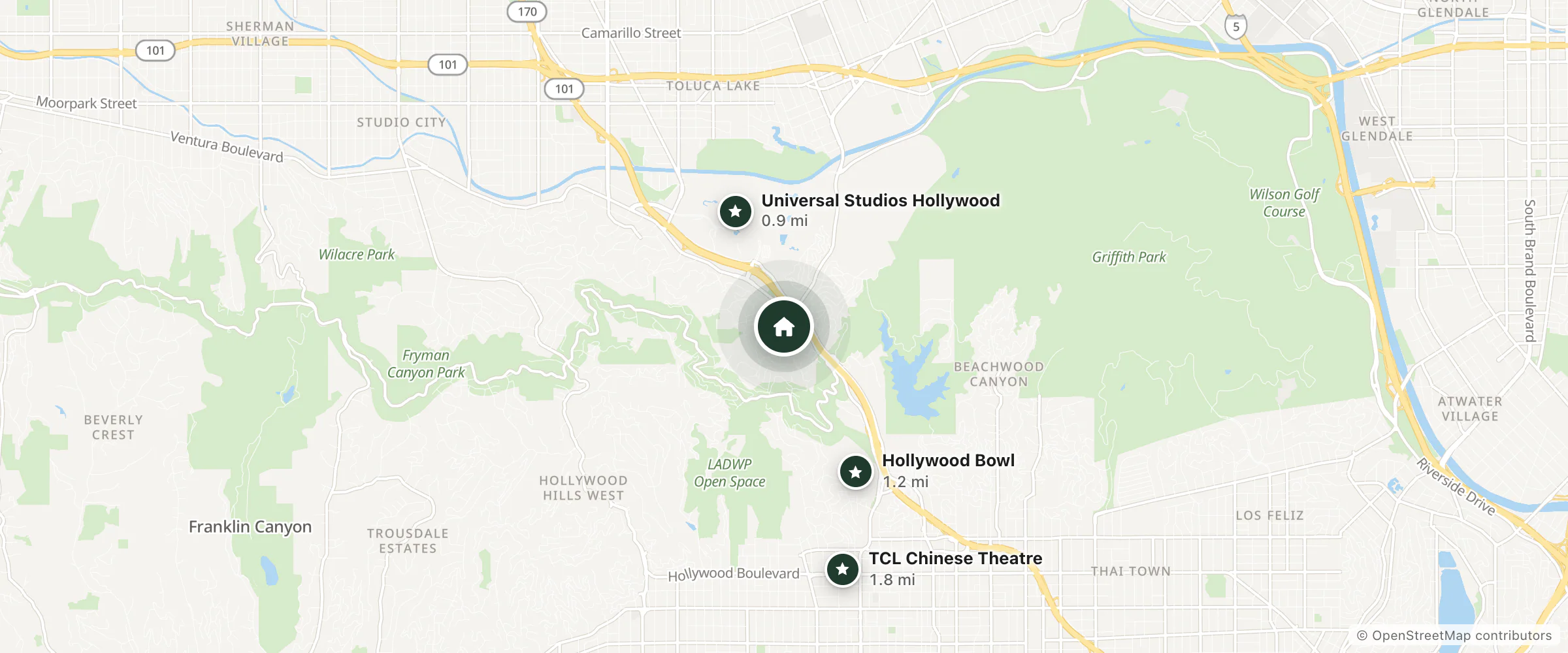 Map of Mini Mansion and nearby Universal Studios Hollywood, Hollywood Bowl and TCL Chinese Theatre