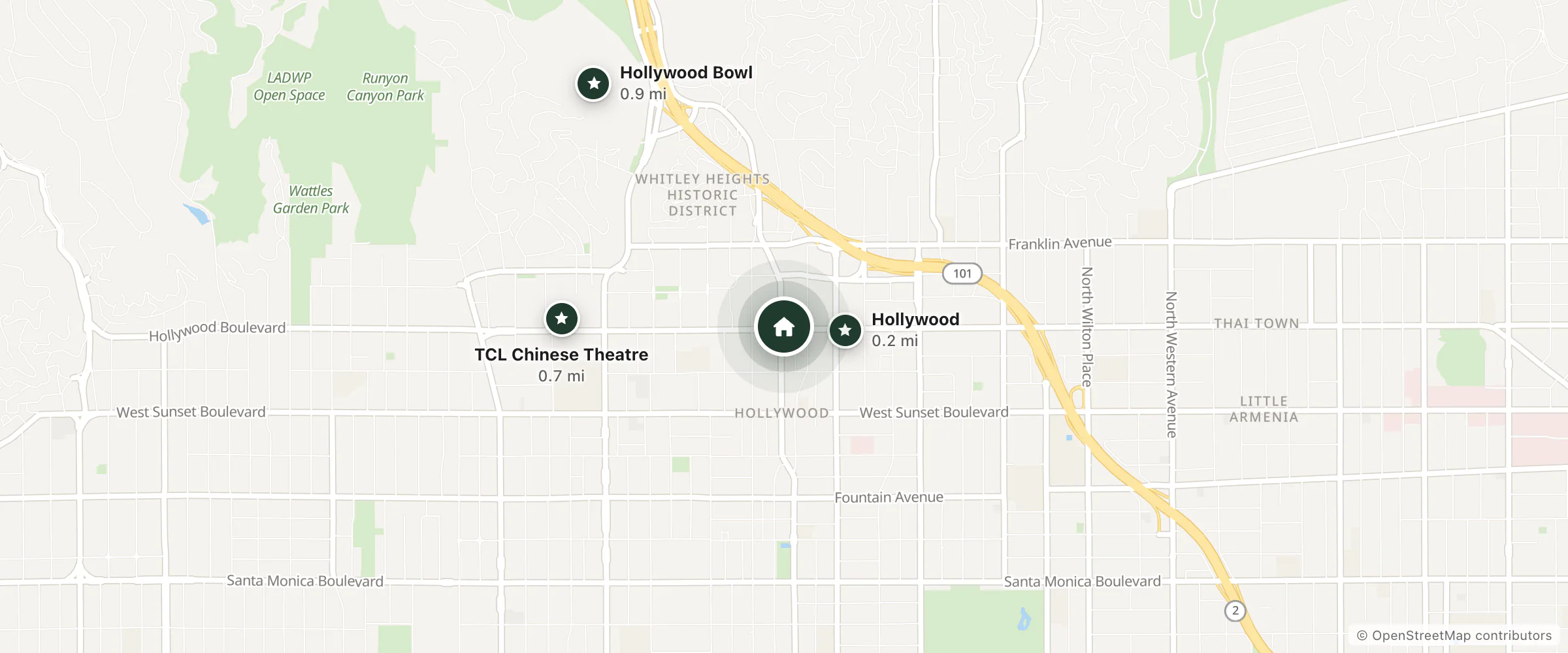 Map of Hollywood and nearby Hollywood, TCL Chinese Theatre and Hollywood Bowl