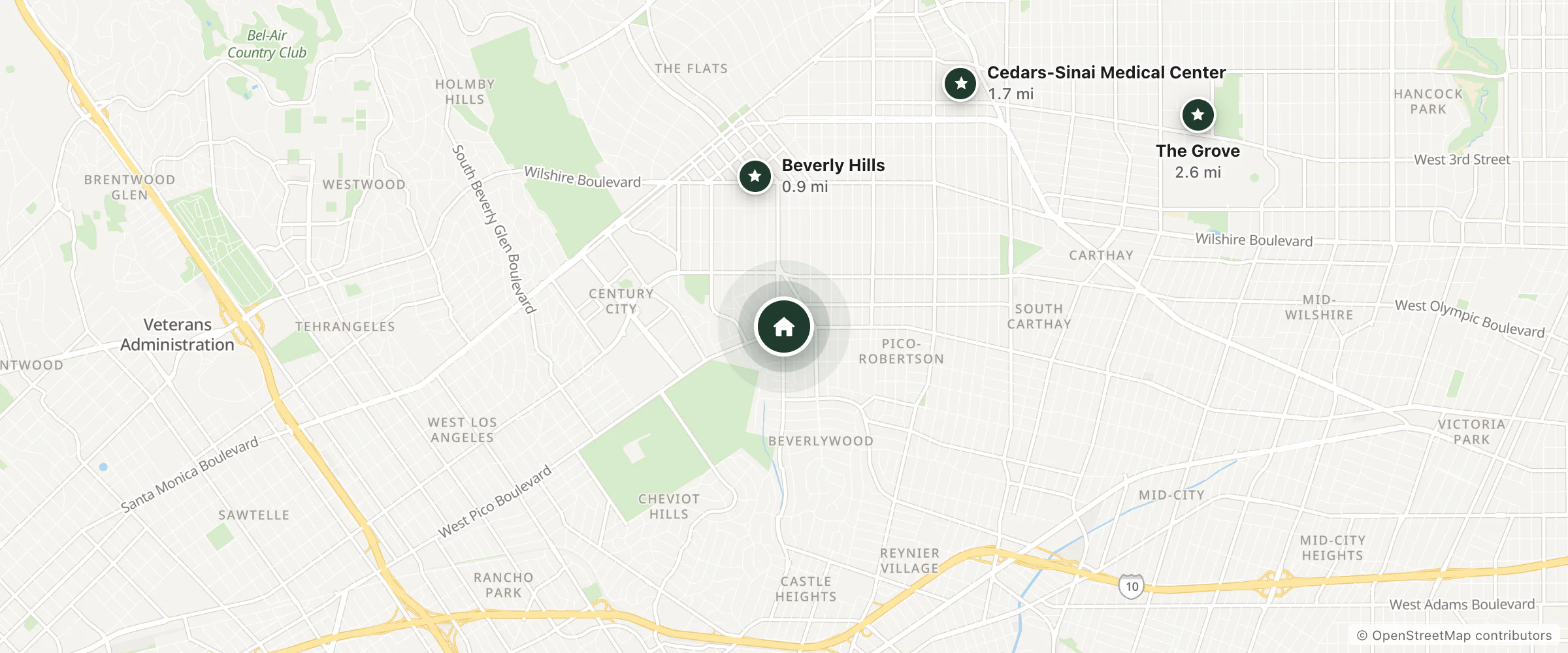 Map of Cameo Beverly Hills, LXR Hotels & Resorts and nearby Beverly Hills, Cedars-Sinai Medical Center and The Grove