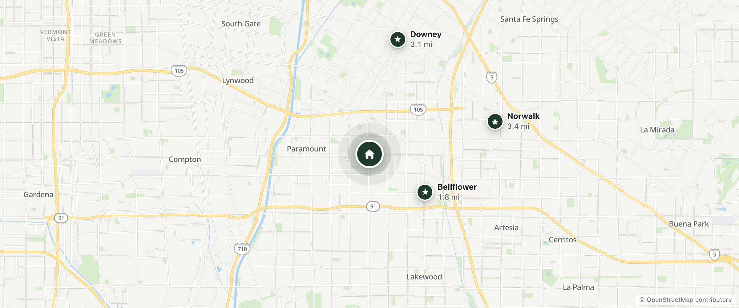 Map of Hazy 8 Motel and nearby Bellflower, Downey and Norwalk