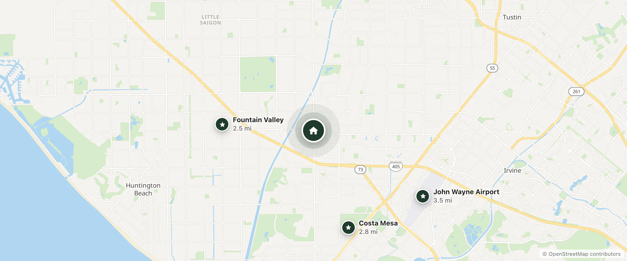 Map of Ana Mesa Inn and nearby Fountain Valley, Costa Mesa and John Wayne Airport