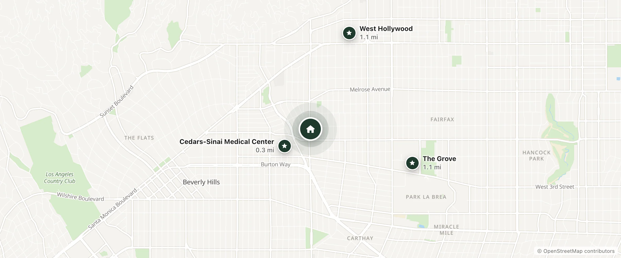 Map of Wyndham Hotel at Los Angeles and nearby Cedars-Sinai Medical Center, West Hollywood and The Grove