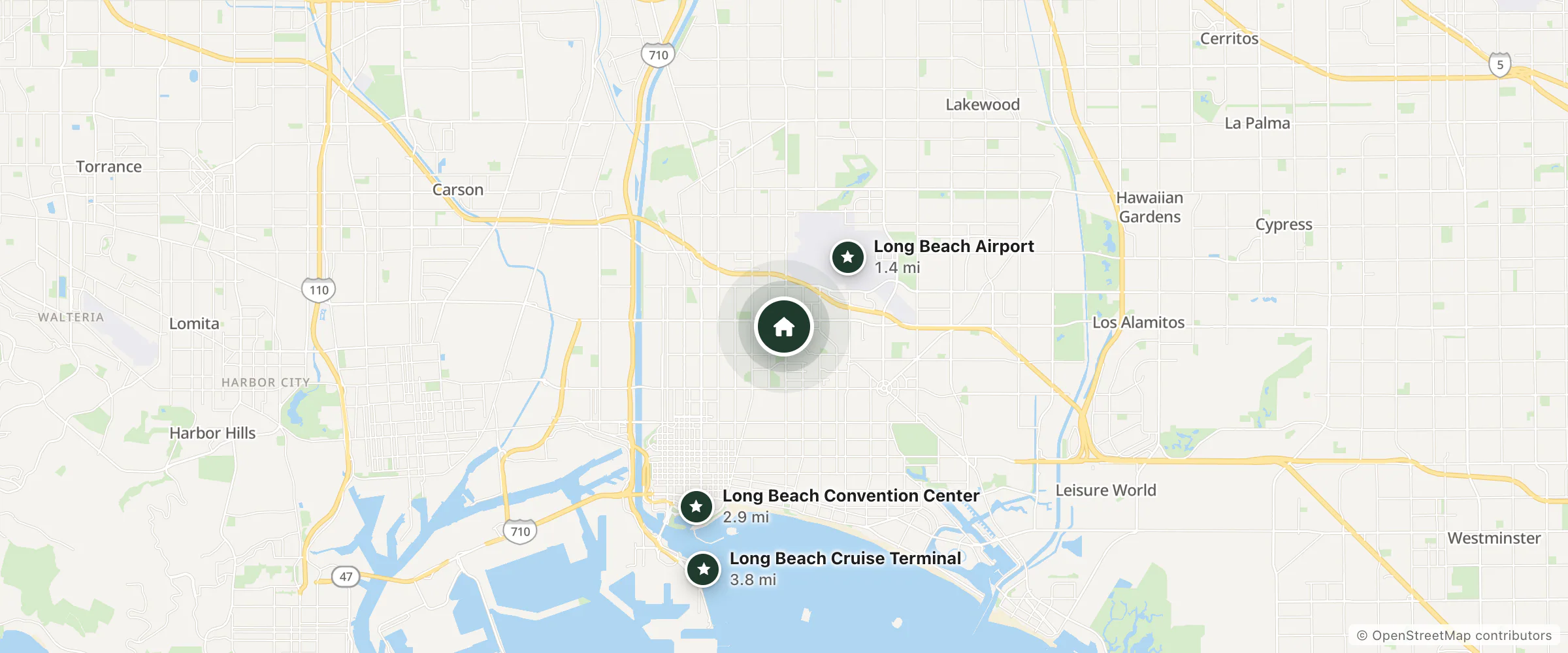 Map of Extended Stay America and nearby Long Beach Airport, Long Beach Convention Center and Long Beach Cruise Terminal