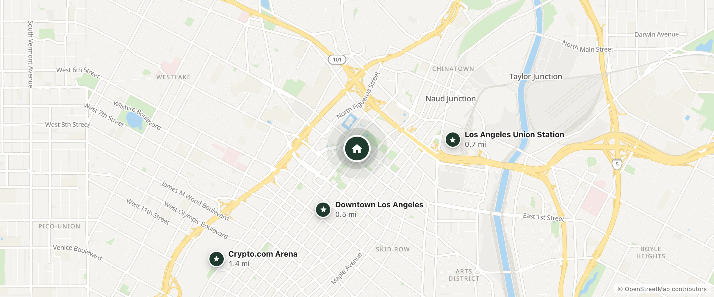 Map of Conrad Los Angeles and nearby Downtown Los Angeles, Los Angeles Union Station and Crypto.com Arena