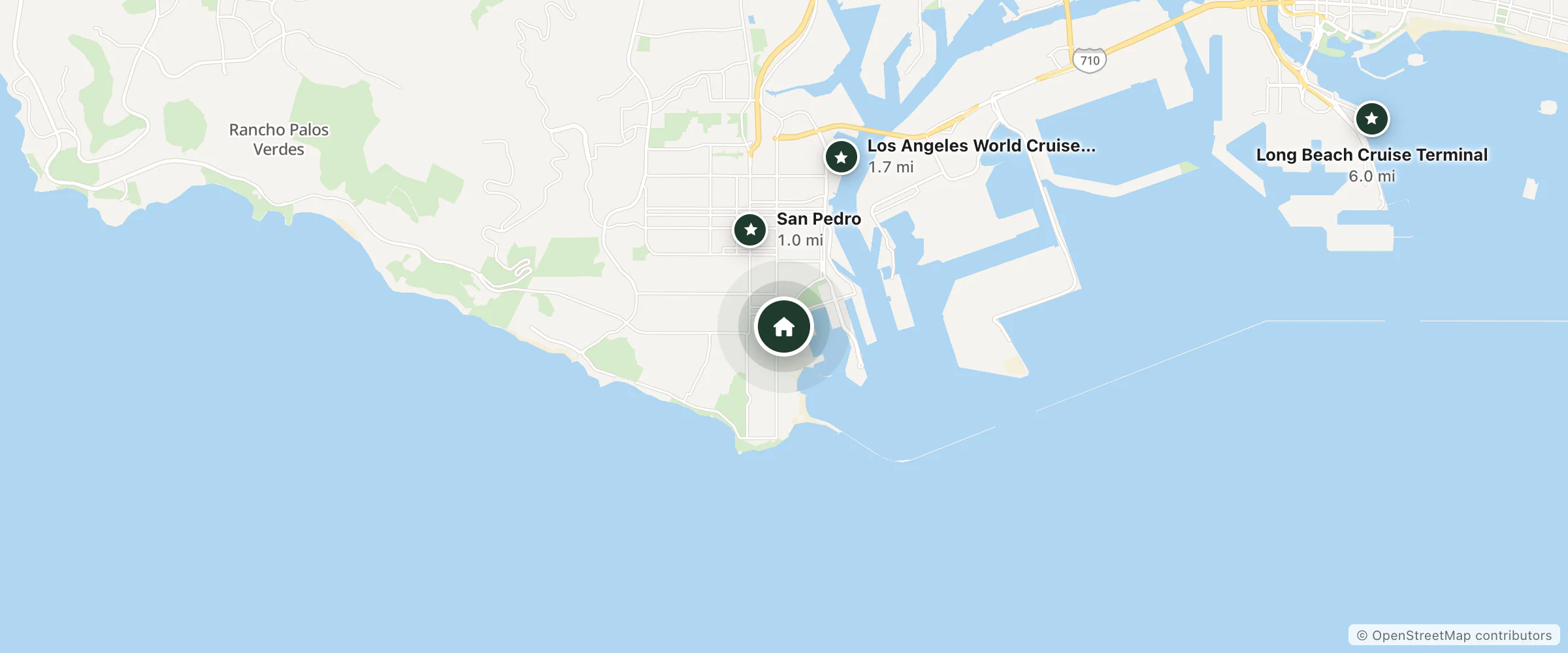 Map of Los Angeles AFB Lodging and nearby San Pedro, Los Angeles World Cruise Center and Long Beach Cruise Terminal