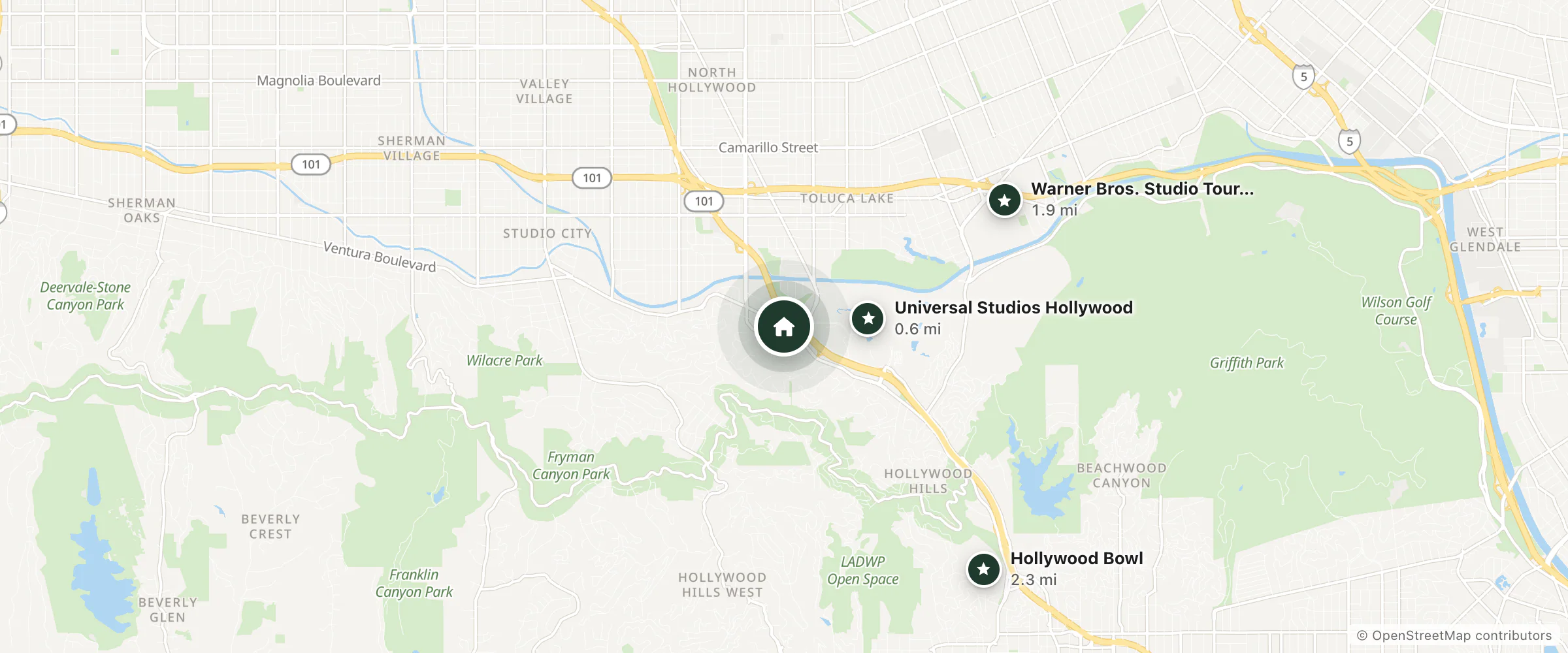 Map of BLVD Hotel and Studios Universal-Hollywood, an Ascend Collection Hotel and nearby Universal Studios Hollywood, Warner Bros. Studio Tour Hollywood and Hollywood Bowl