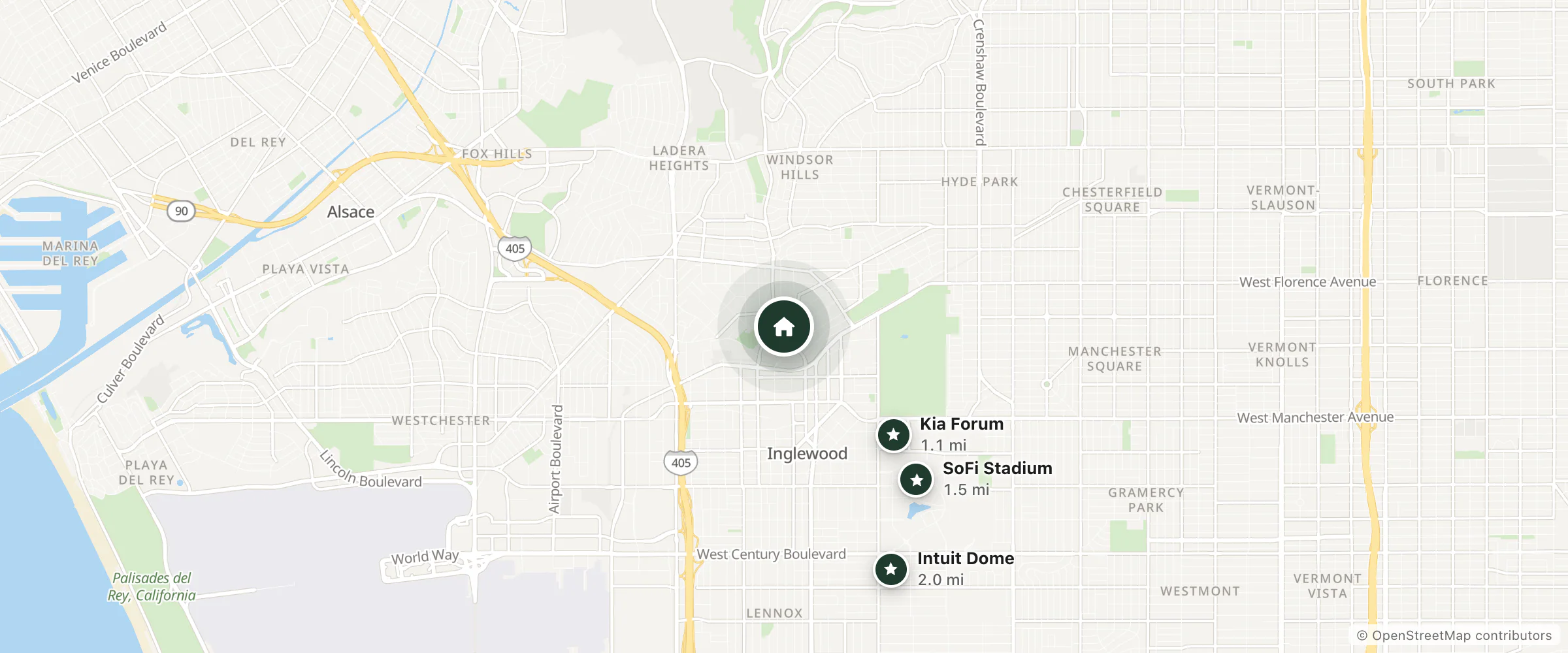 Map of La Brea Hotel and nearby Kia Forum, SoFi Stadium and Intuit Dome