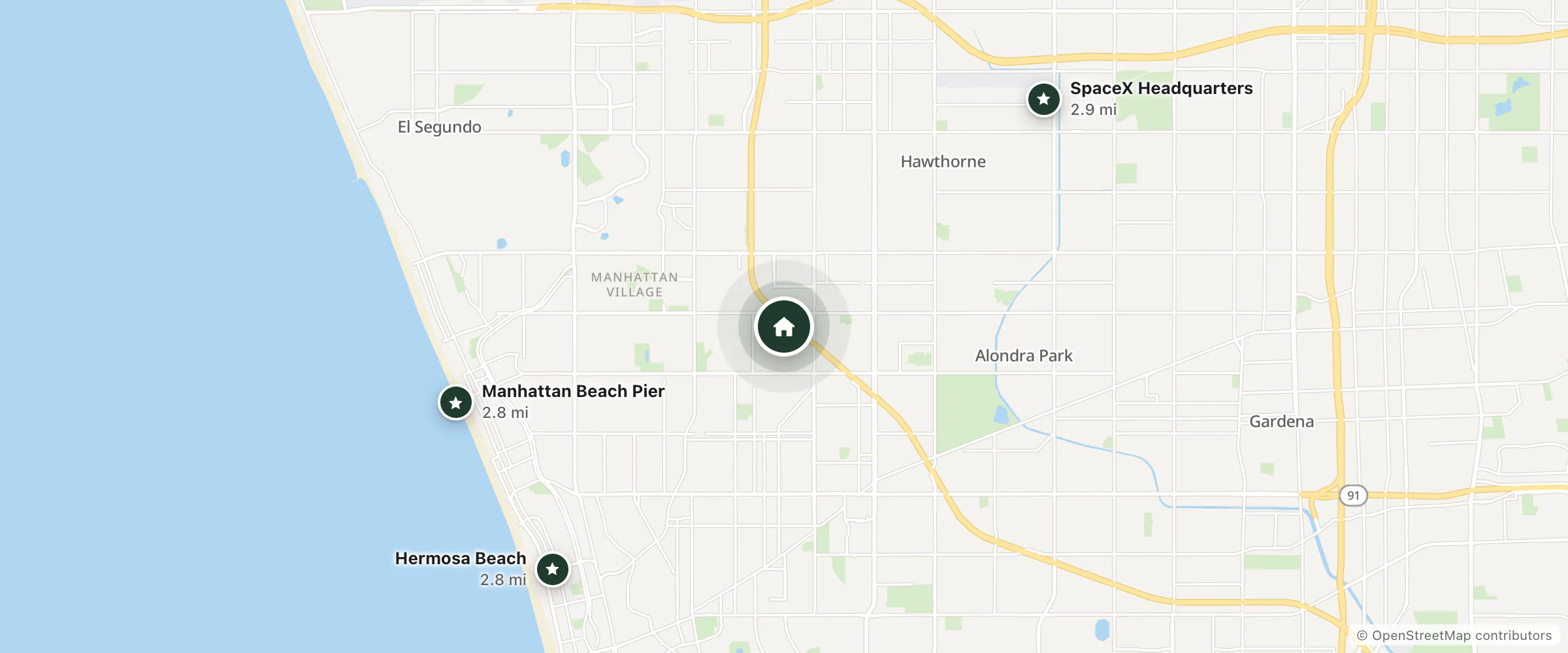 Map of Residence Inn and nearby Hermosa Beach, Manhattan Beach Pier and SpaceX Headquarters