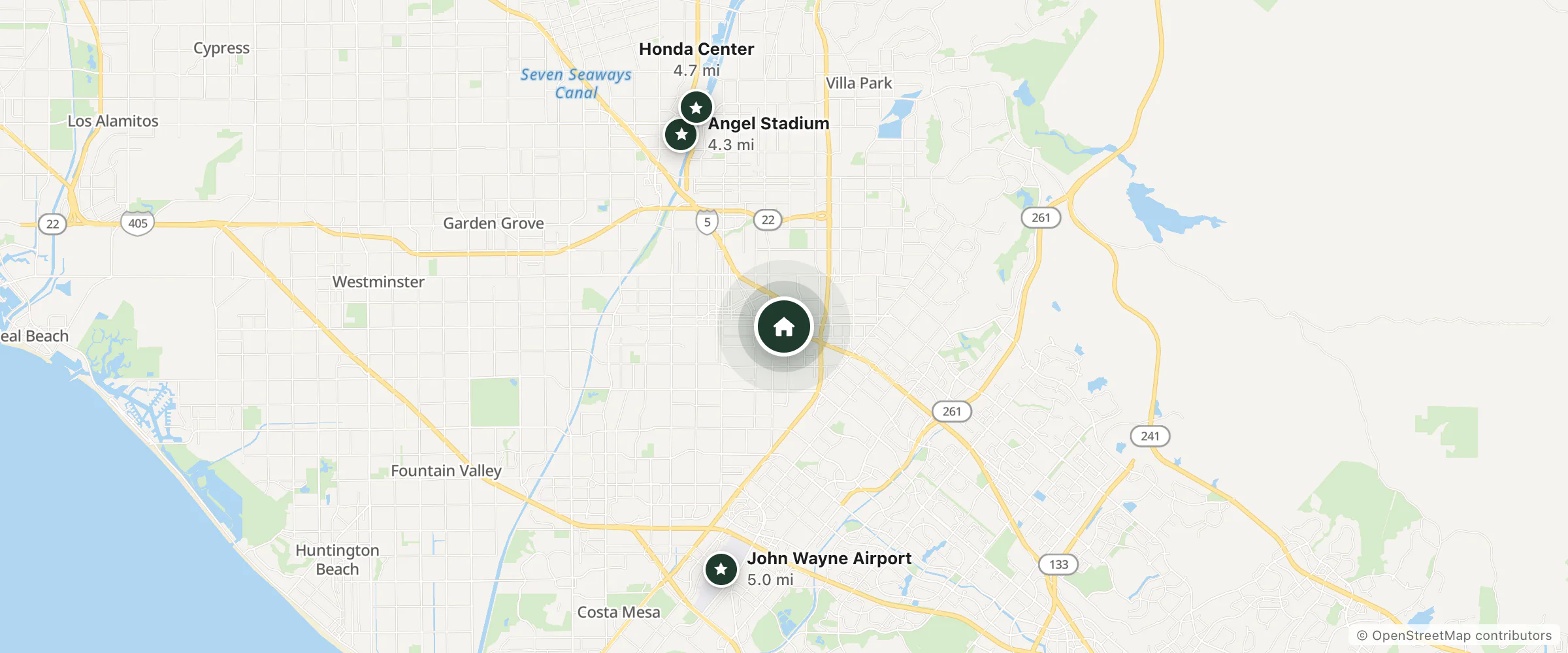 Map of Santa Ana Plaza Hotel and nearby Angel Stadium, Honda Center and John Wayne Airport