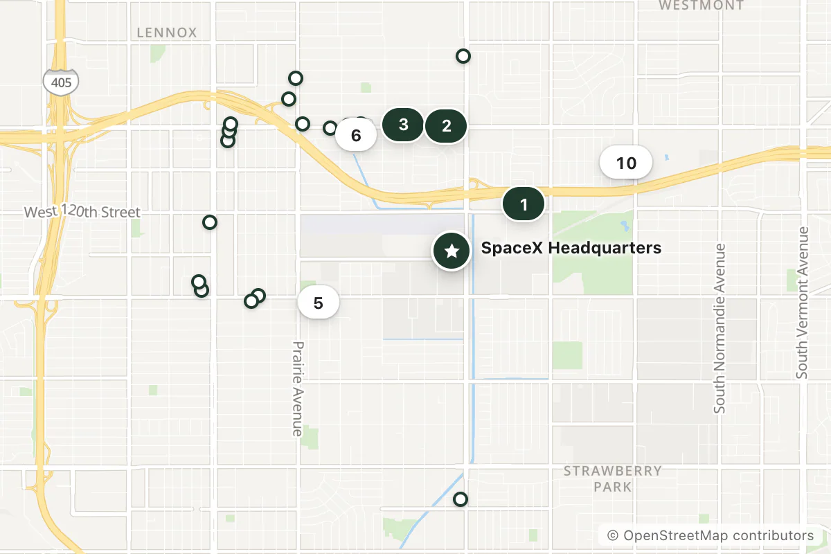 Map of the top 25 hotels for this question around SpaceX Headquarters