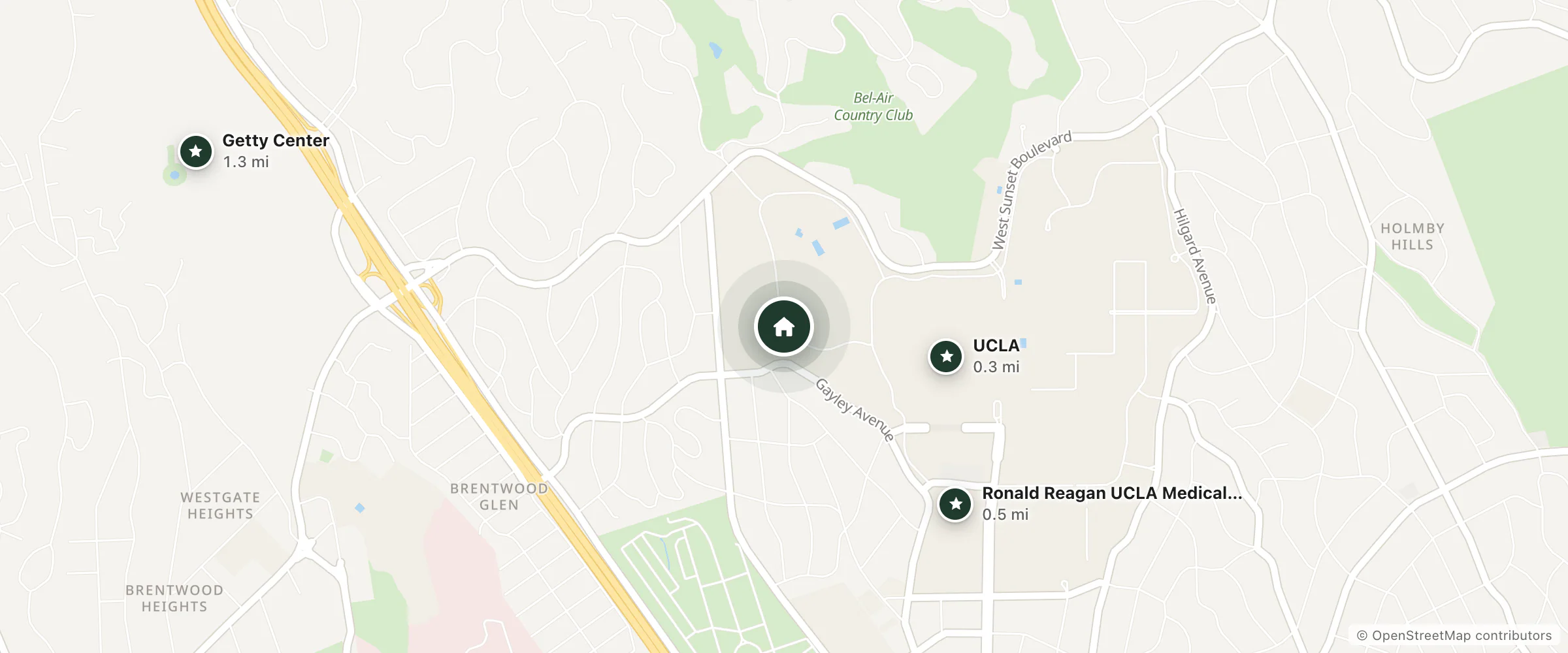 Map of UCLA Saxon Suites and nearby UCLA, Ronald Reagan UCLA Medical Center and Getty Center