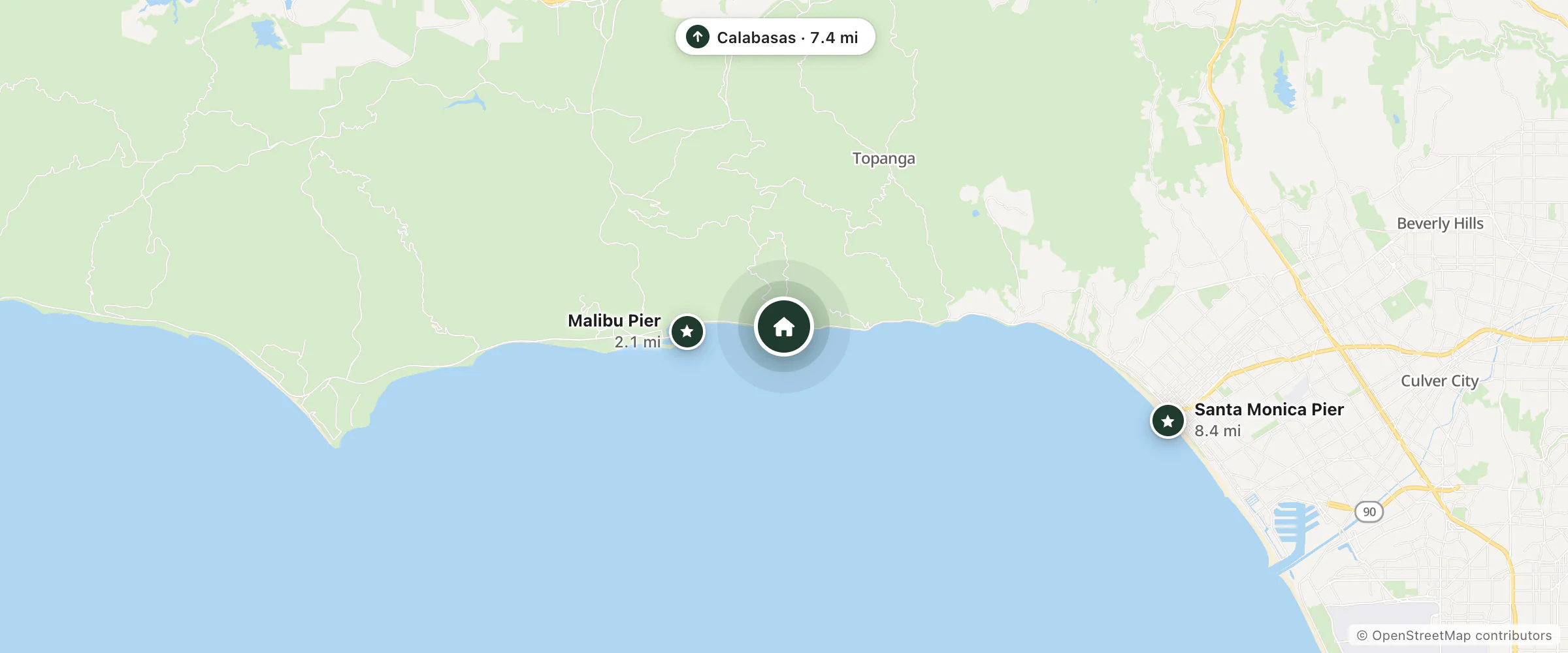 Map of Cajun Inn Motel and nearby Malibu Pier, Calabasas and Santa Monica Pier
