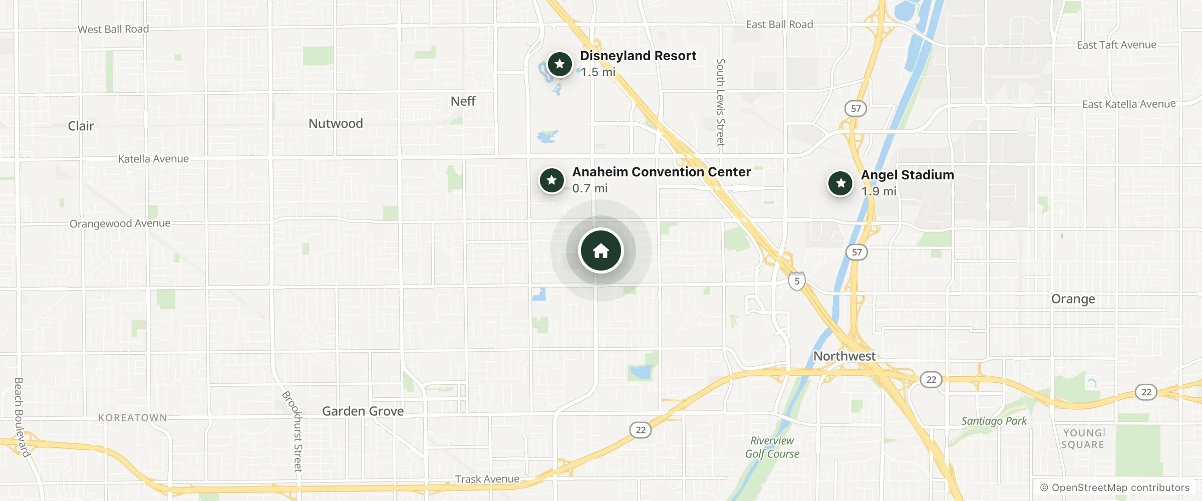 Map of Signature Inn and nearby Anaheim Convention Center, Disneyland Resort and Angel Stadium