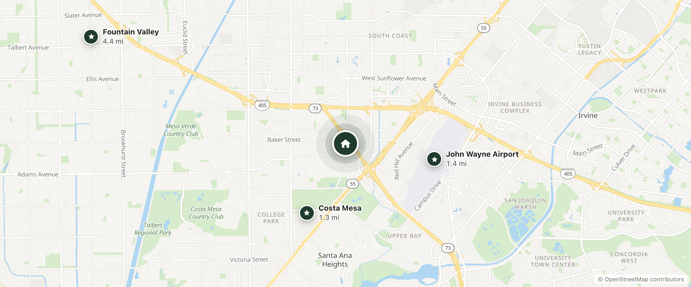 Map of Residence Inn and nearby Costa Mesa, John Wayne Airport and Fountain Valley