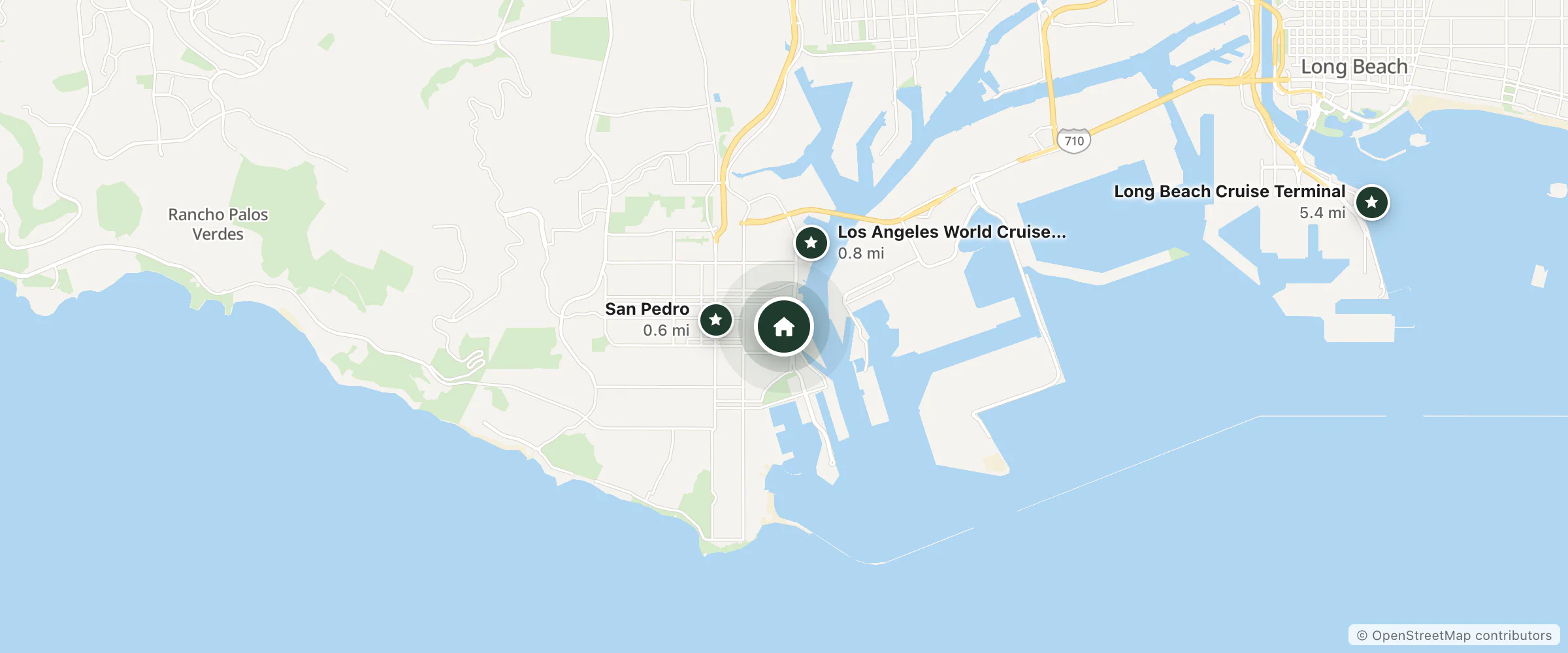 Map of Palos Verdes Inn Hotel and nearby San Pedro, Los Angeles World Cruise Center and Long Beach Cruise Terminal