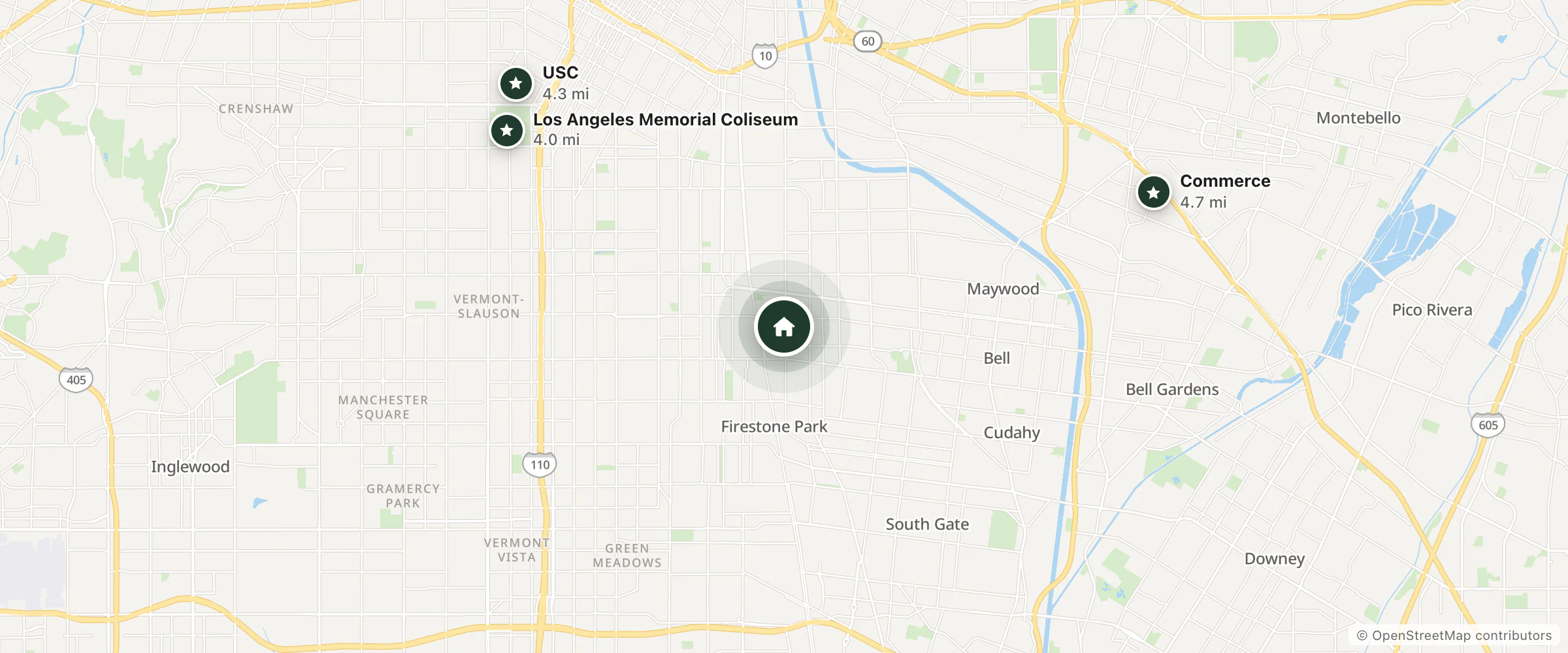 Map of Lido Hotel and nearby Los Angeles Memorial Coliseum, USC and Commerce
