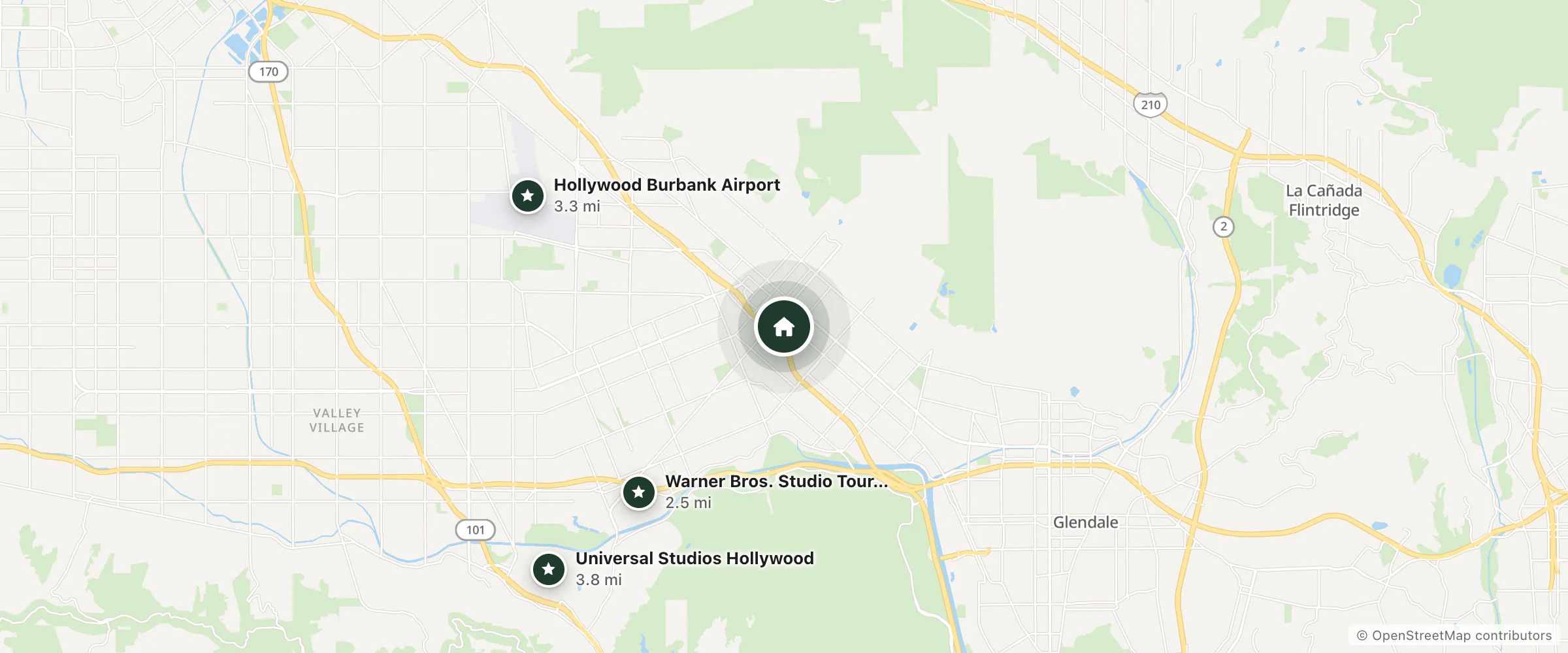 Map of Hotel Burbank and nearby Warner Bros. Studio Tour Hollywood, Hollywood Burbank Airport and Universal Studios Hollywood
