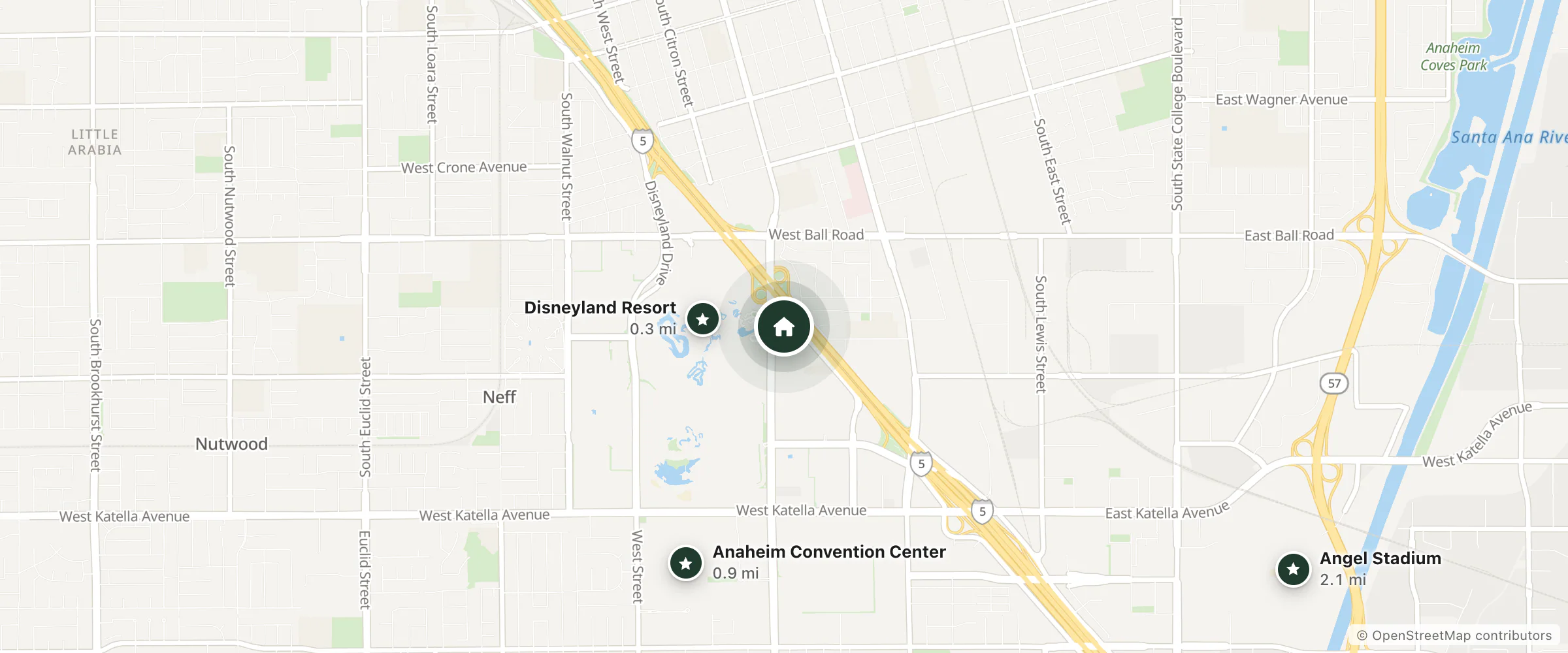 Map of Great American Land Co. and nearby Disneyland Resort, Anaheim Convention Center and Angel Stadium
