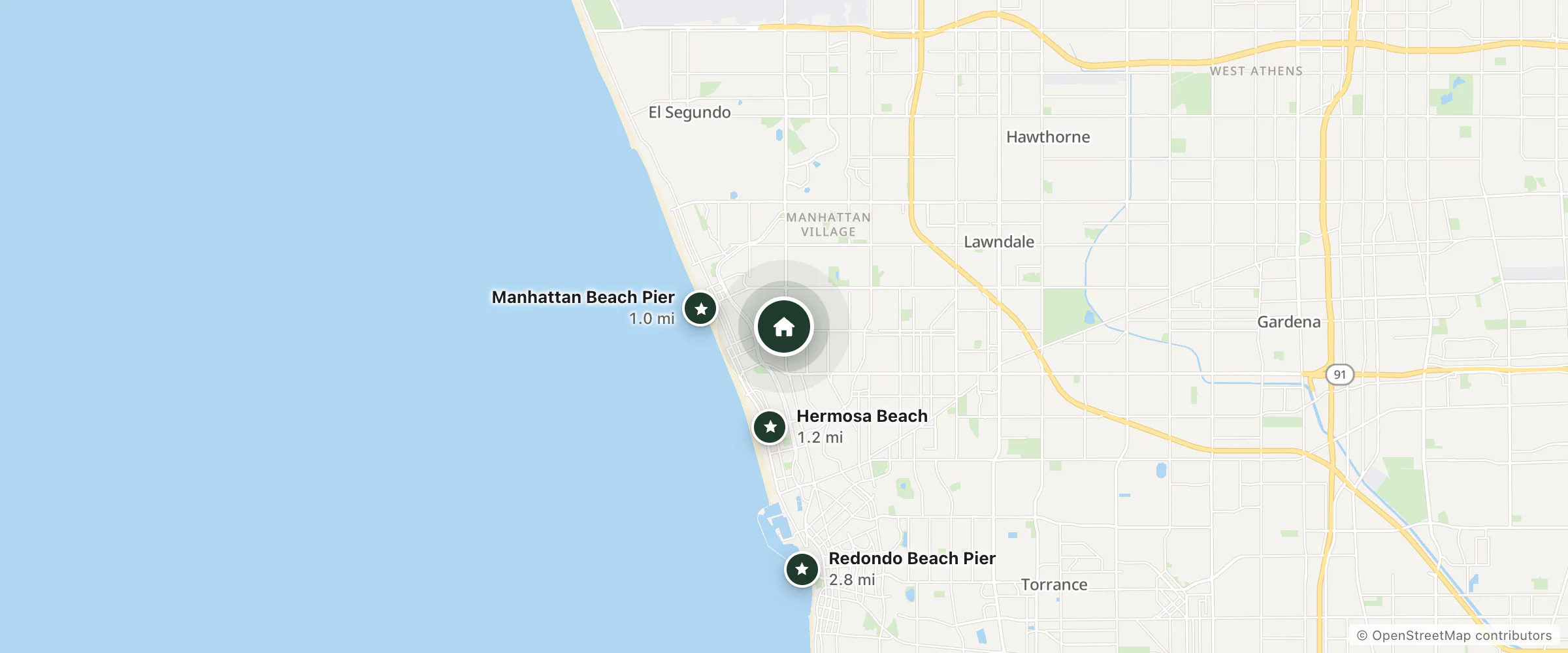 Map of Seahorse Inn Manhattan Beach - Lax and nearby Manhattan Beach Pier, Hermosa Beach and Redondo Beach Pier