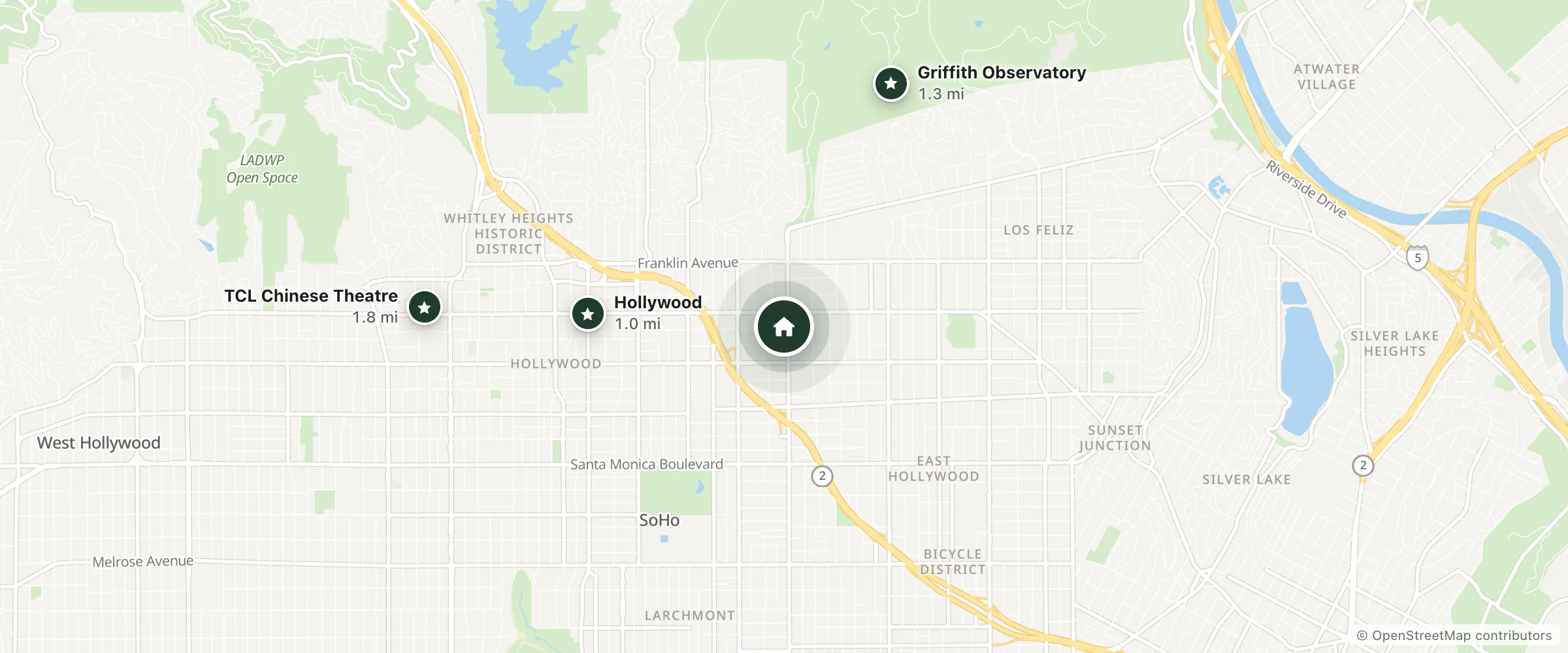 Map of Roxy Hotel and nearby Hollywood, Griffith Observatory and TCL Chinese Theatre