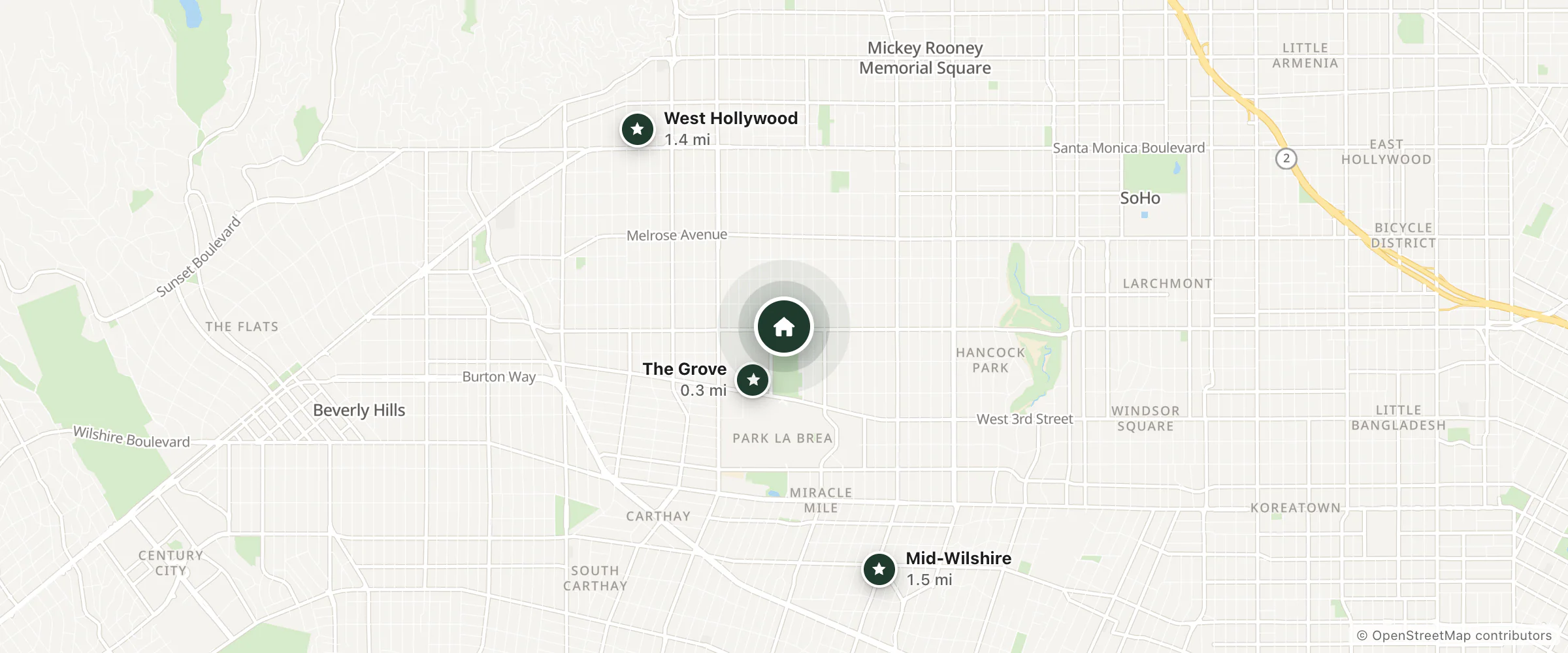 Map of Bevonshire Lodge Motel and nearby The Grove, West Hollywood and Mid-Wilshire