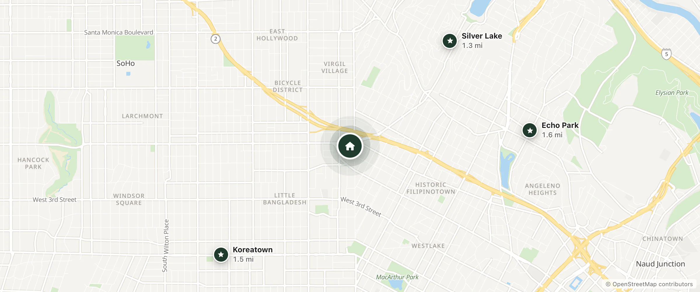 Map of Americas Best Value Inn Los Angeles and nearby Silver Lake, Koreatown and Echo Park