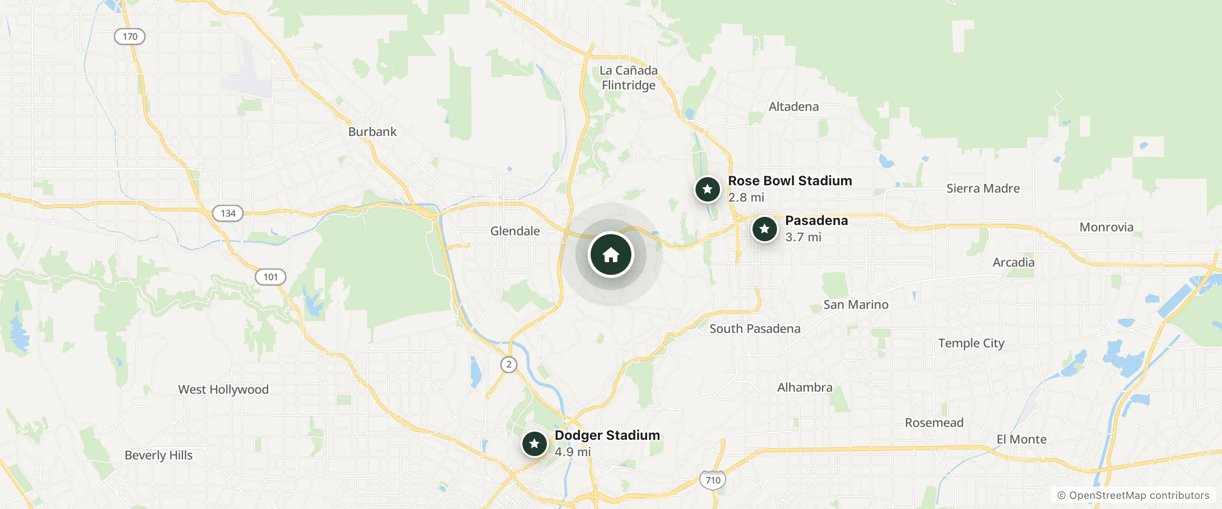 Map of Welcome Inn and nearby Rose Bowl Stadium, Pasadena and Dodger Stadium