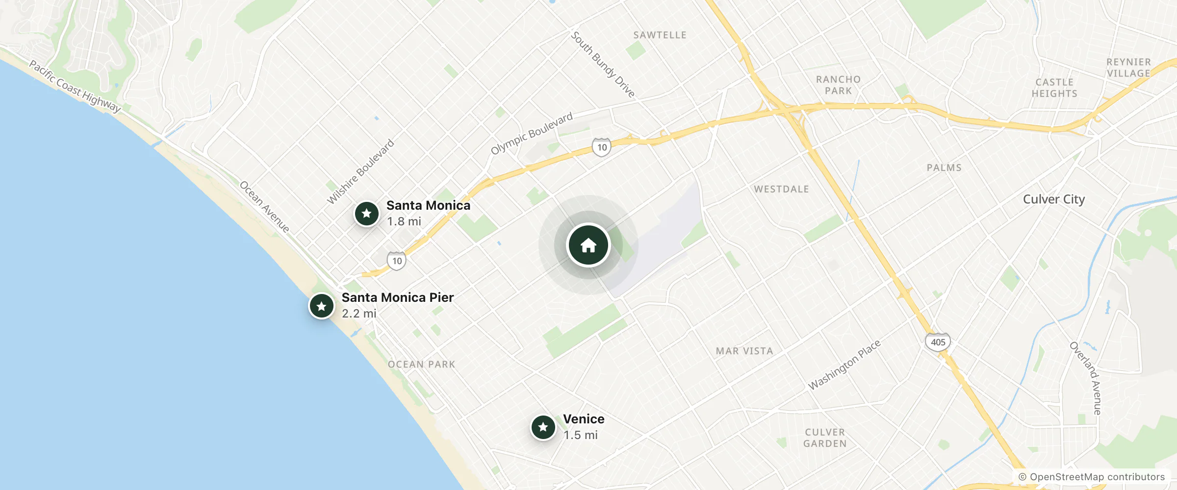 Map of Pavilions Motel and nearby Venice, Santa Monica and Santa Monica Pier