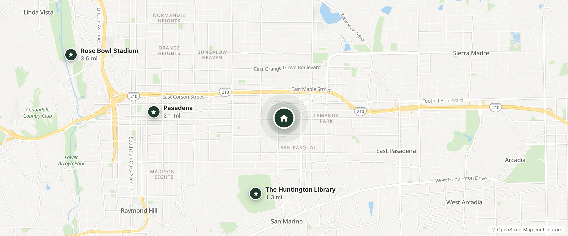 Map of Pasadena Motor Hotel and nearby The Huntington Library, Pasadena and Rose Bowl Stadium