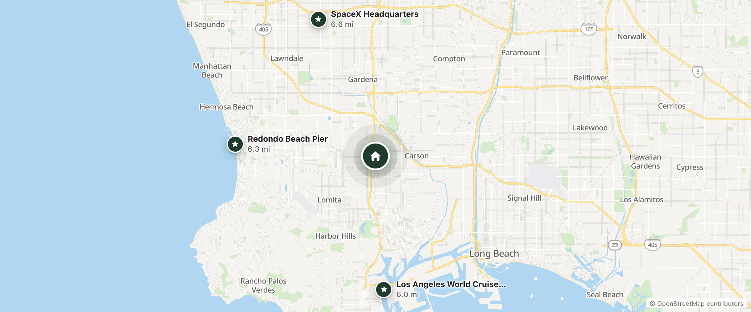 Map of Cali Inn and nearby Los Angeles World Cruise Center, Redondo Beach Pier and SpaceX Headquarters